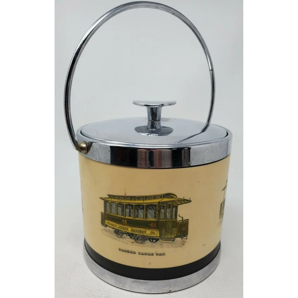 Serv-Master Ice Bucket San Francisco Trolley Cars Chrome Vintage 1960s Cream 1pc